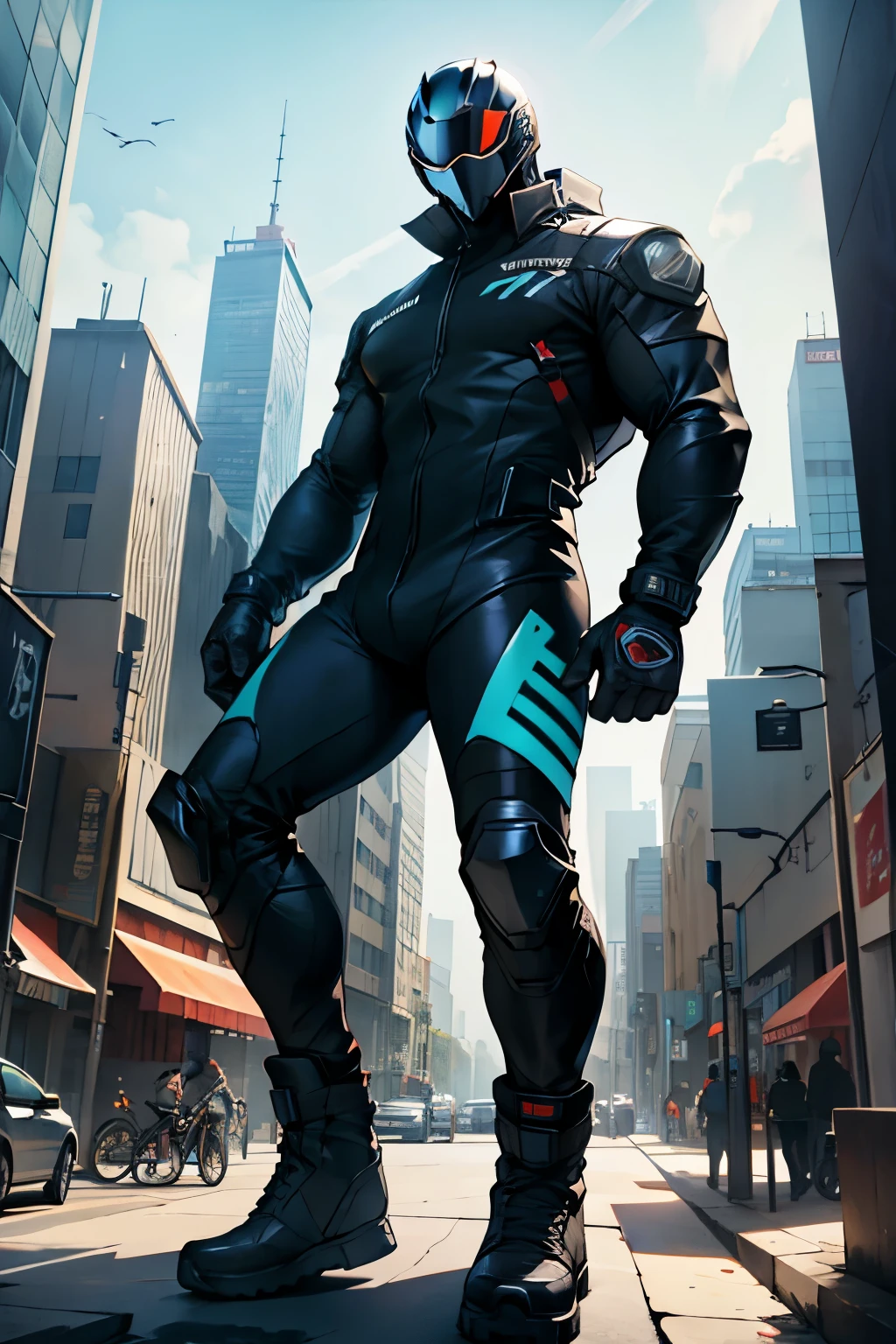 (full body), male wearing full mx biker suit, helmet on, giant towering over miniscule city, raising his leg about to stomp