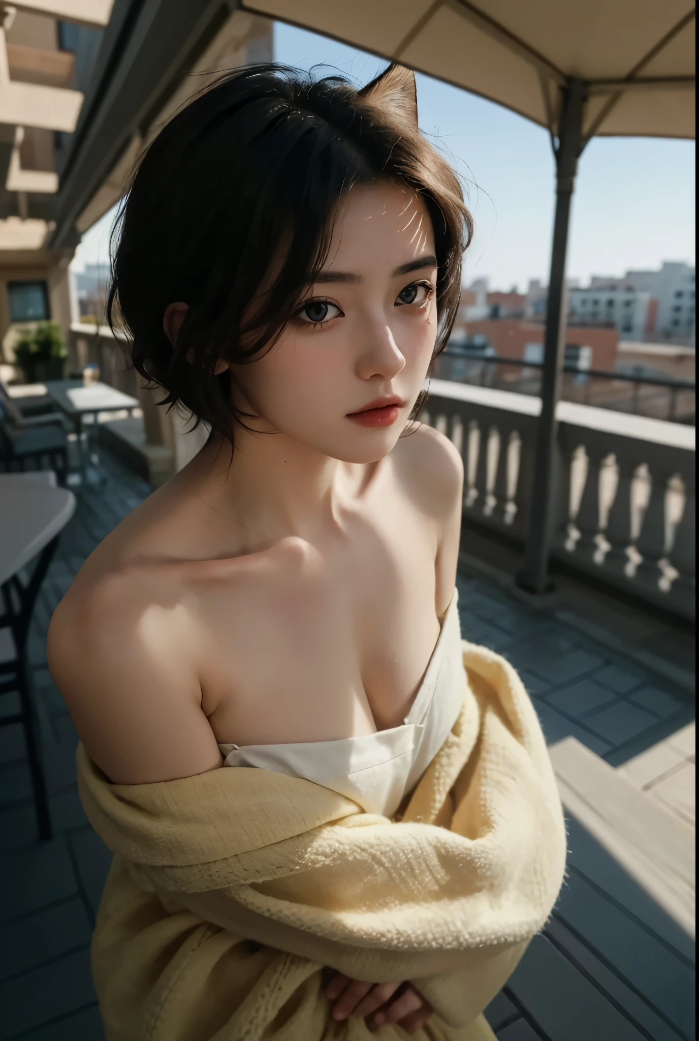 Best quality,masterpiece,Ultra-high resolution,(Realistically:1.5),RAW photos, Cat ears,cute,In the light,deep shadow,Low profile,Cold Light,sexy look,short hair, semi outdoor, balcony, terrace