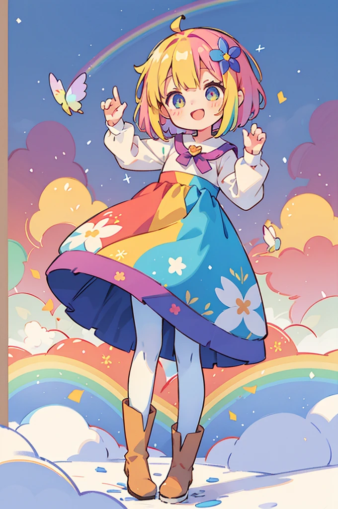 Standing in front of the photo、1 Girl,whole body,Short Bob, Rainbow Hair,Boots,Open your mouth,Show a bright smile、Kawaii pose、Flowing rainbow silk、Wearing colorful tights、Face、Eyes up、Colorcon Heart、floral dress、There are flowers even in front of my eyes、Snow Scene、season!!: Winters☀ 🍂