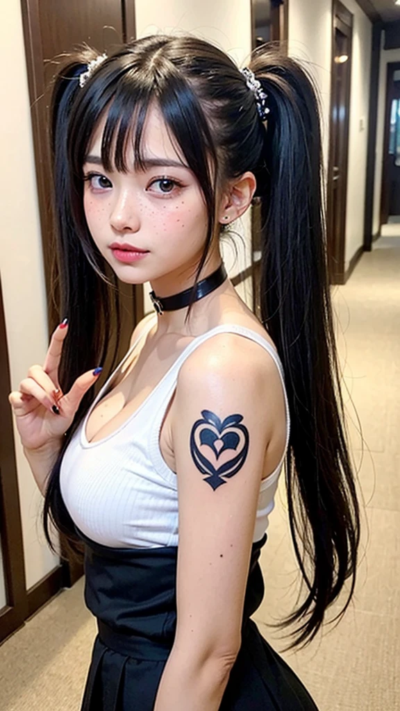 Brown solid color、Single color solid fill、soil、soilと泥と砂、Yellow sand、Sandstorm、
masterpiece, ultra detailed, hyper detailed, insanely detailed, detailed, high quality, best quality, exquisite, beautiful, woman, shy, wink, making a V sign, looking at viewer, black hair, big eyes, slant eyes, wide-eyed, heterochromia, with heart-shaped pupils, wheatish skin, skirt, choker, with a tattoo, piercing, beauty mark, freckles, blush, nail polish, long hair, twintail, very long hair, long hair, twintails, spiked hair, flipped hair, ahoge, shiny hair, wavy hair