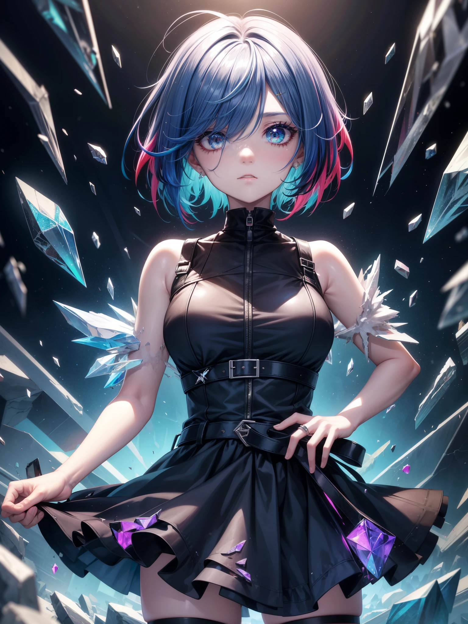 score_9, score_8_up, score_7_up, source_anime, 1girl, hskdmnd, crystal hair, colored eyelashes, multicolored hair, short hair, broken glass, reflection, upper body, shattered, crack, cracked skin, incrsxlcrystalhair, crystal hair, shiny hair