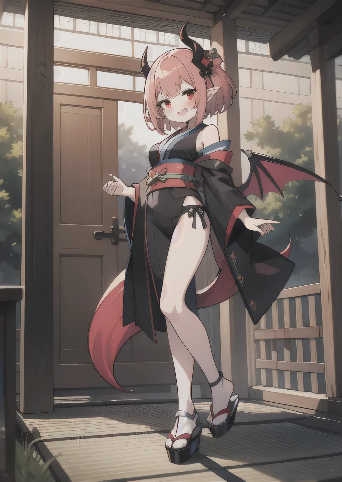 8K, 1girl, petit, adult. kawaii vampire, crimson hair, short hair, red eyes, fang, bat wings, smile, (blush), (shy), pointed ears, looking at viewer,  dynamic angle, wind, game cg, fantastic scenery, devil tail,  demon tail, thin tail, black horns, medium breast, show full body, shrine, yokai, yokai pet, monster, latex outfit, latex, sexy, horny, shiny, kimono