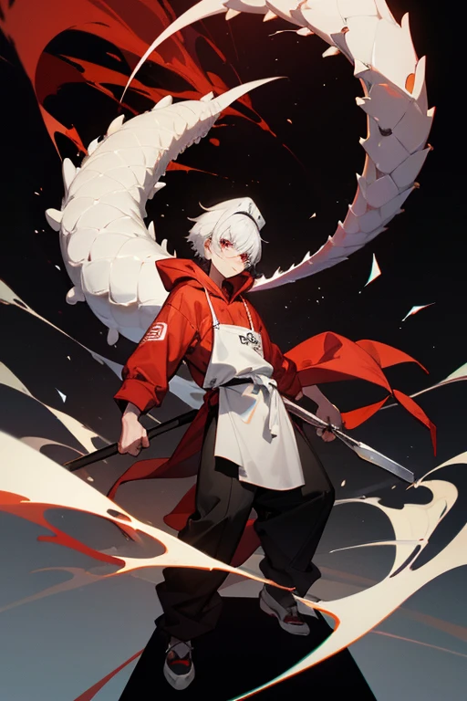 12 year old boy, white hair, bloody red eyes, full body, chef hat, serpent hoodie, black trouser, chef apron, cooking, kitchen, restaurant,