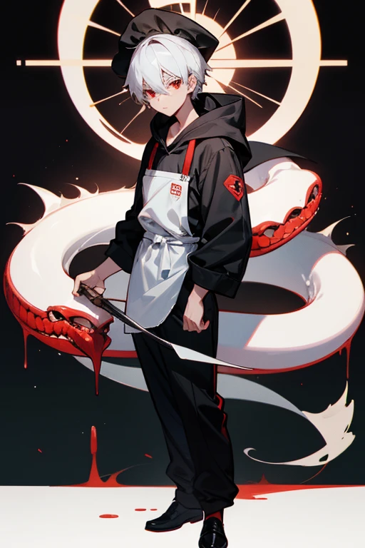 12 year old boy, white hair, bloody red eyes, full body, chef hat, serpent hoodie, black trouser, chef apron, cooking, kitchen, restaurant,