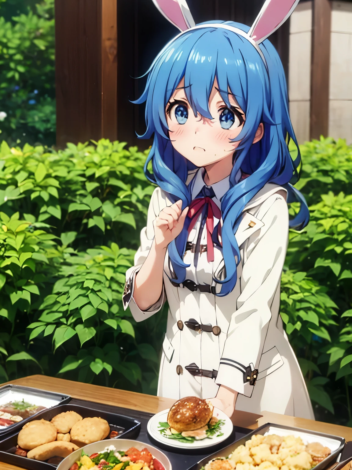 Yoshino Astral Dress、Long Hair、blue eyes、ribbon、Animal Ears、Hair between the eyes、Blue Hair、Food、Bunny ears、coat、Foodアップ、アニマルFood、ウサギFood、グリーンcoat,(Perfect hands),(Perfect Anatomy),(masterpiece),(highest quality),garden,Embarrassed,blush
