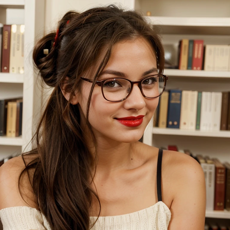 librarian, sexy, 18 years ,hair in a bun with loose strands for the face, stockings, glasses, picture taken with some distance, sweet smile, strickt look on her face, red lips