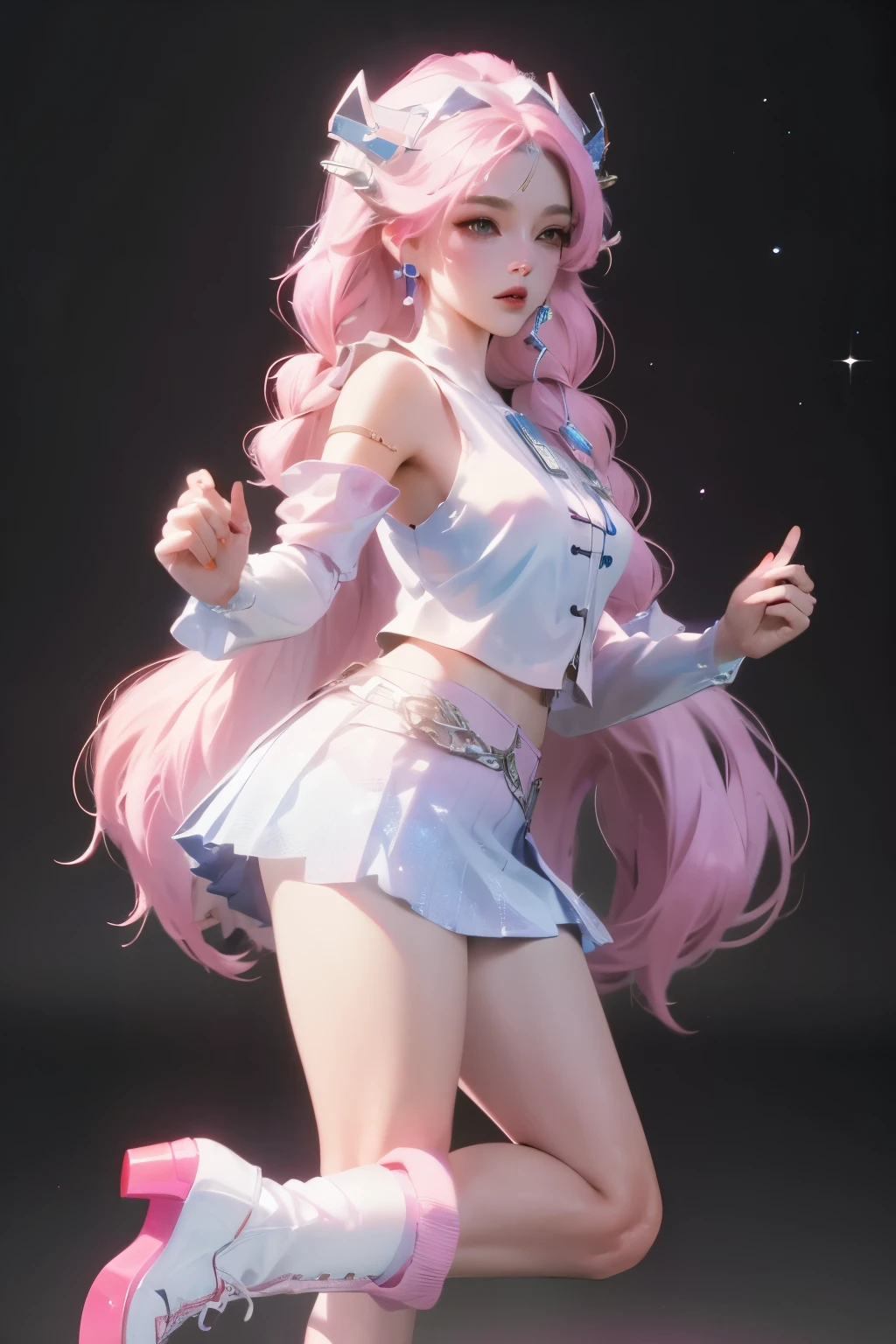 high resolution, best quality, masterpiece, Very high image quality, Extremely detailed, Surrealism, 3D, Japanese cartoons, illustration, fantasy, Hard Rock Girl, very beautiful and cute, Pink wavy hair, Side braids, mini skirt, Knee socks, Engineering boots, Background cyberpunk city galaxy  