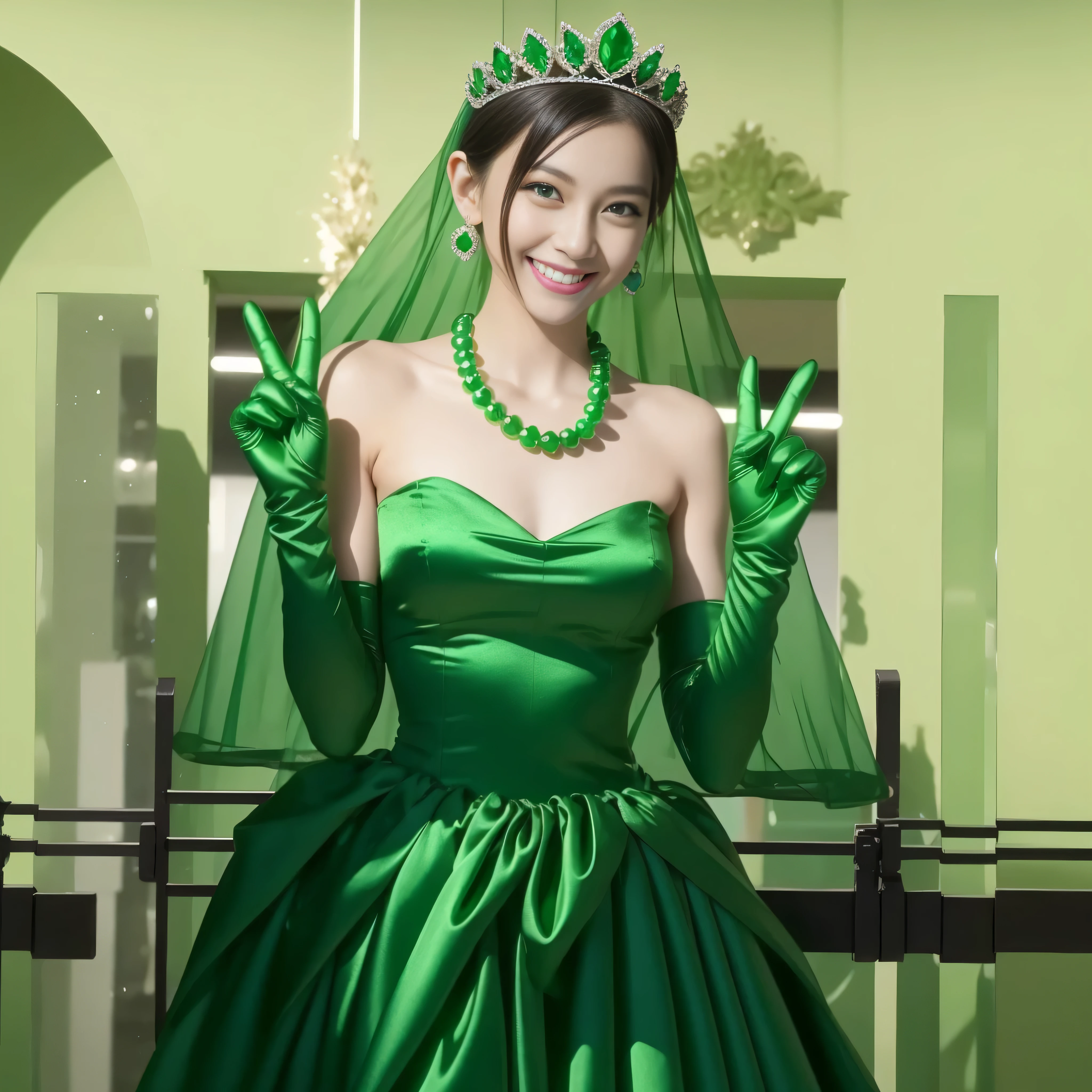 Emerald tiara, Green Pearl Necklace, Boyish very short green hair, lipstick, Smiling Japanese woman, Very short hair, Big and beautiful, Green Eyes, Long green satin gloves, Green Eyes, V sign, Emerald Earrings, Green veil
