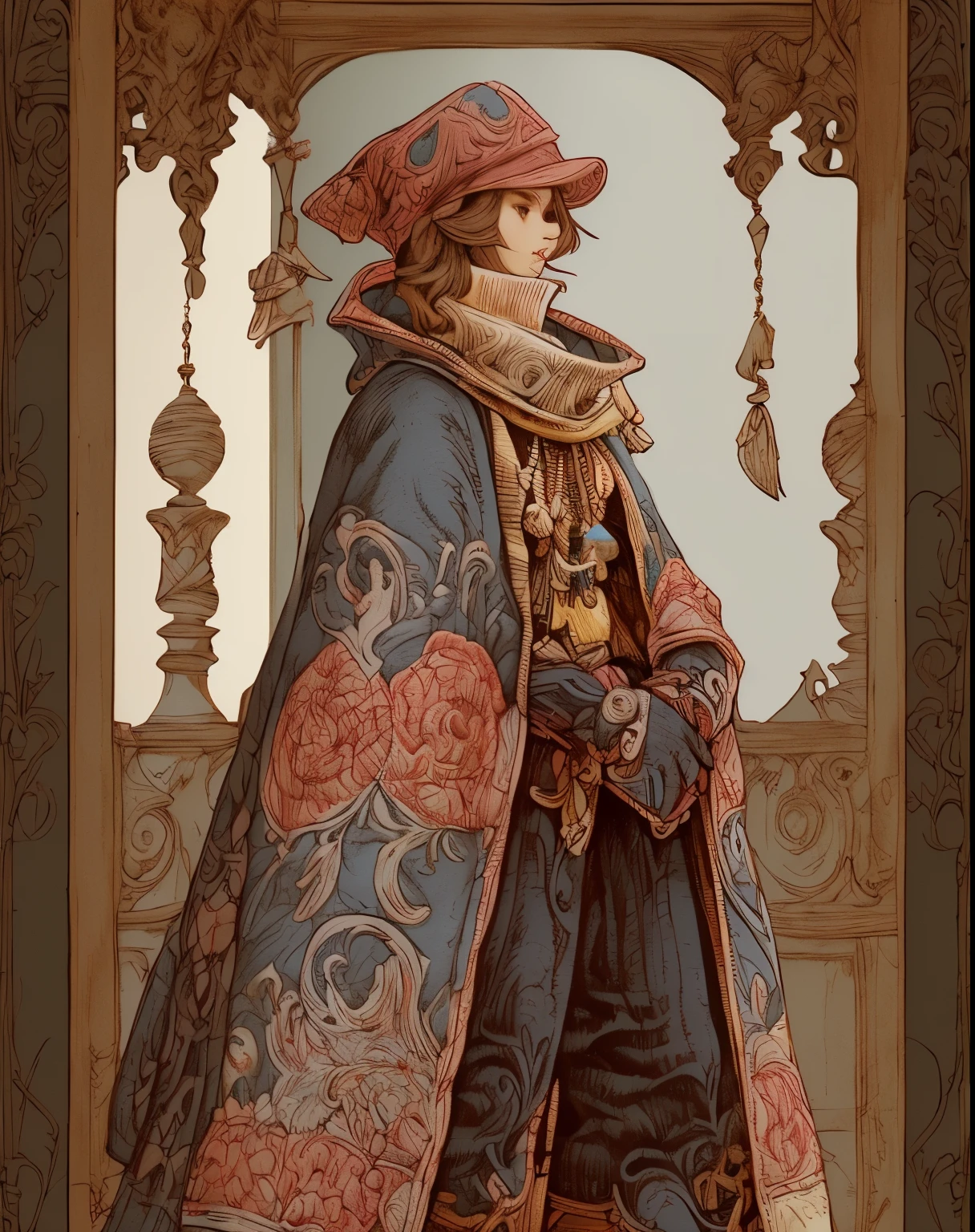 1 short person, Final Fantasy mimic character class, wrapped in patchwork patterned scarves and quilts, cross wrapped scarves, many layers of scarves and quilts, large beads and tassels, body and face wrapped in various patterned quilts and scarves. only their eyes are visible, heavy eyeliner, androgynous face, only clothing is wrapped scarves and quilts, ((entire body image: 1.4)), in a beautiful elaborate steampunk setting, game artbook style, gauche and watercolor paint, pen and ink outlines and details, Akihiko Yoshida Style art, 8k image, gorgeous artwork, masterful image, whimsical drawing, ((entire head and body is in frame: 1.5)), shoes or boots, 