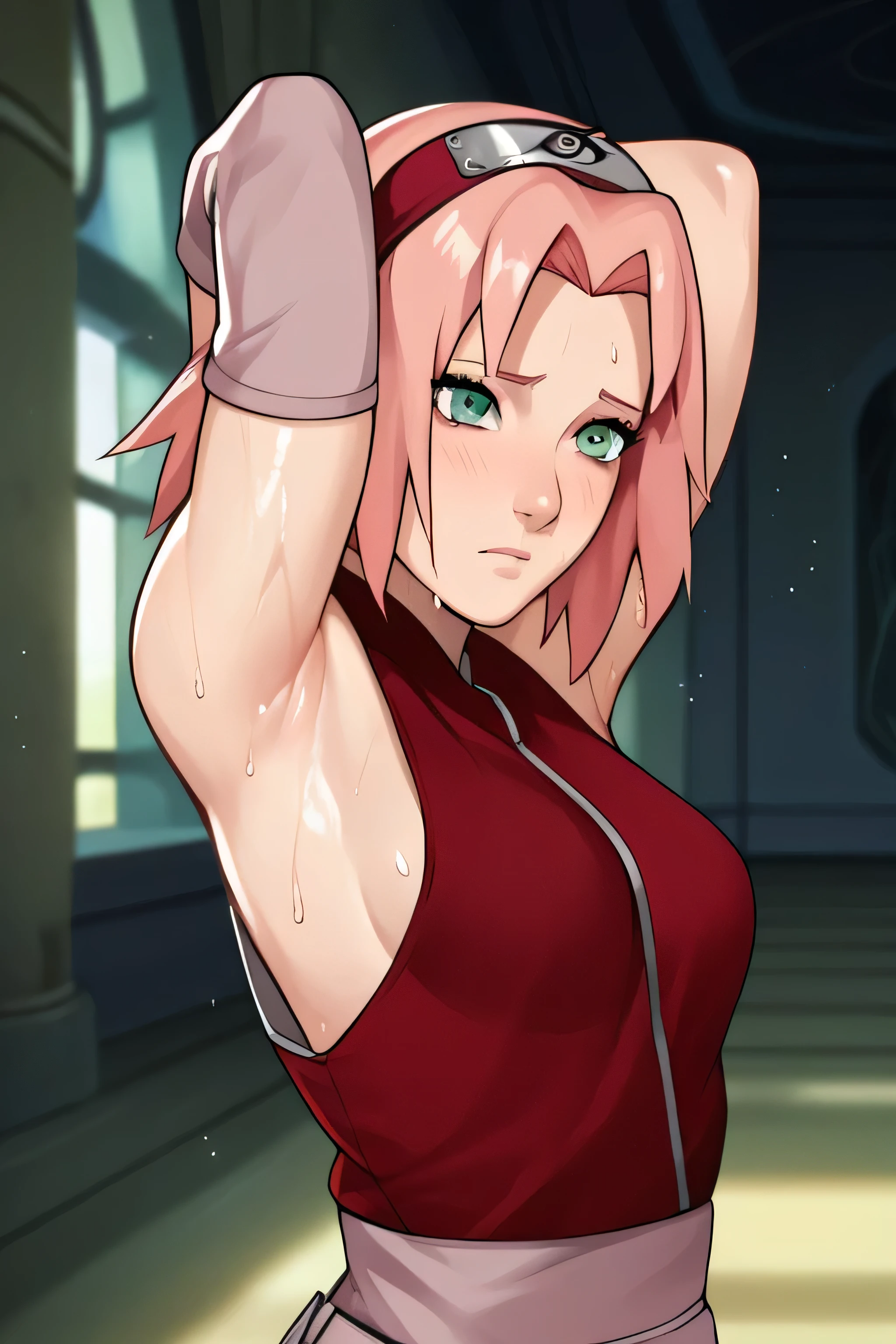 score_9,score_8_up,score_7_up,score_6_up,score_5_up,score_4_up BREAK skinny,choker,medium breasts,detached sleeves,outdoors,forest,shiny skin,bokeh,bloom,indoors,light particles,castle,space,1girl,haruno sakura,pink hair,short,hair,green eyes,forehead protector,armpits,arms up,armpit,sweaty armpit,arms behind head,awesome armpits,sweat,sweaty,exhausted,exhaustion