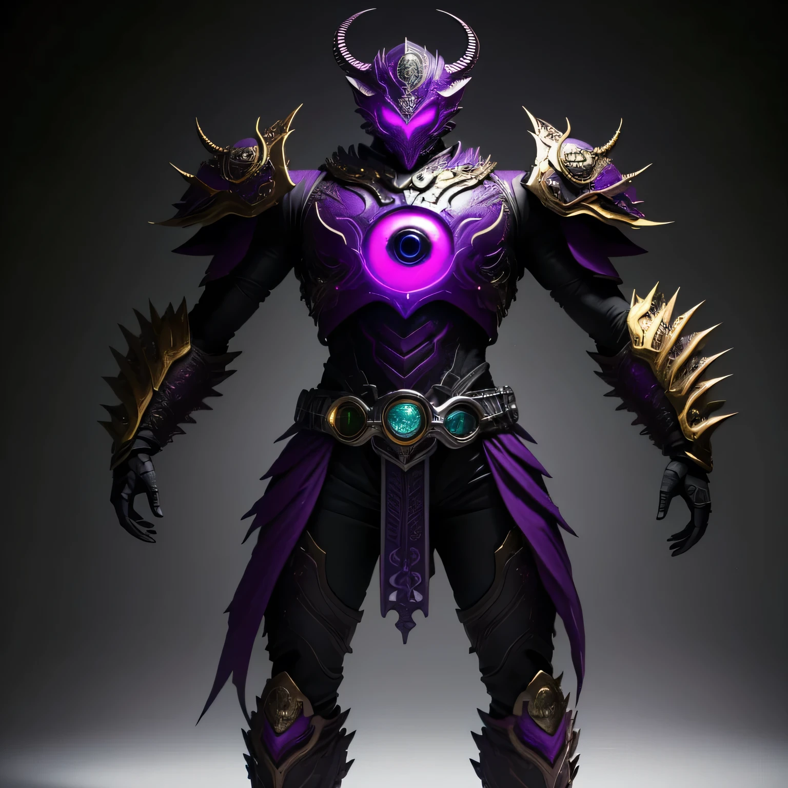 best quality)), ((masterpiece)), (detailed), perfect face, Black And Purple, Beholder Kamen Rider, City background, Single person, Sleek Beholder Armor, Full Body, Hydra Base, Kamen Rider, 1 male, Multiple demonic eyes Armor, DnD Beholder Design, each eye color on the Armor is different shades