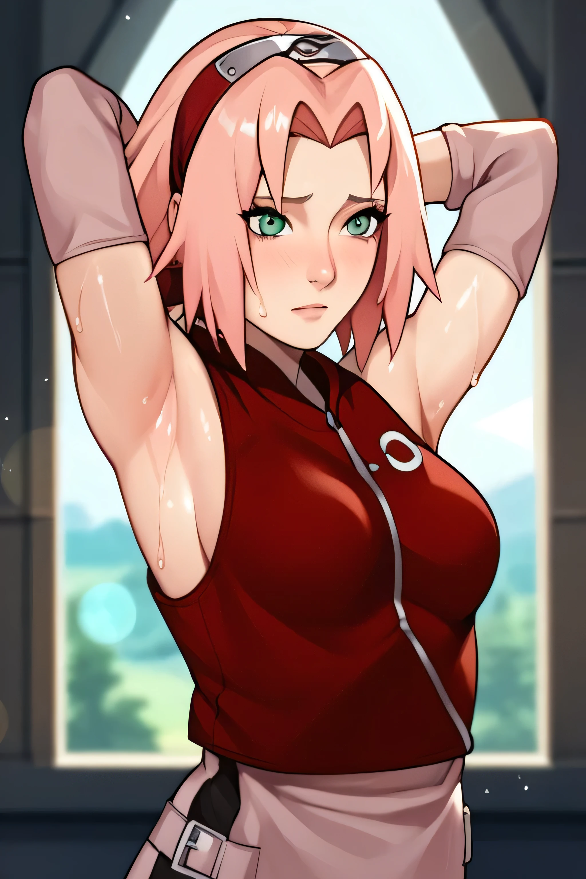 score_9,score_8_up,score_7_up,score_6_up,score_5_up,score_4_up BREAK skinny,choker,medium breasts,detached sleeves,outdoors,forest,shiny skin,bokeh,bloom,indoors,light particles,castle,space,1girl,haruno sakura,pink hair,short,hair,green eyes,forehead protector,armpits,arms up,armpit,sweaty armpit,arms behind head,awesome armpits,sweat,sweaty,exhausted,exhaustion