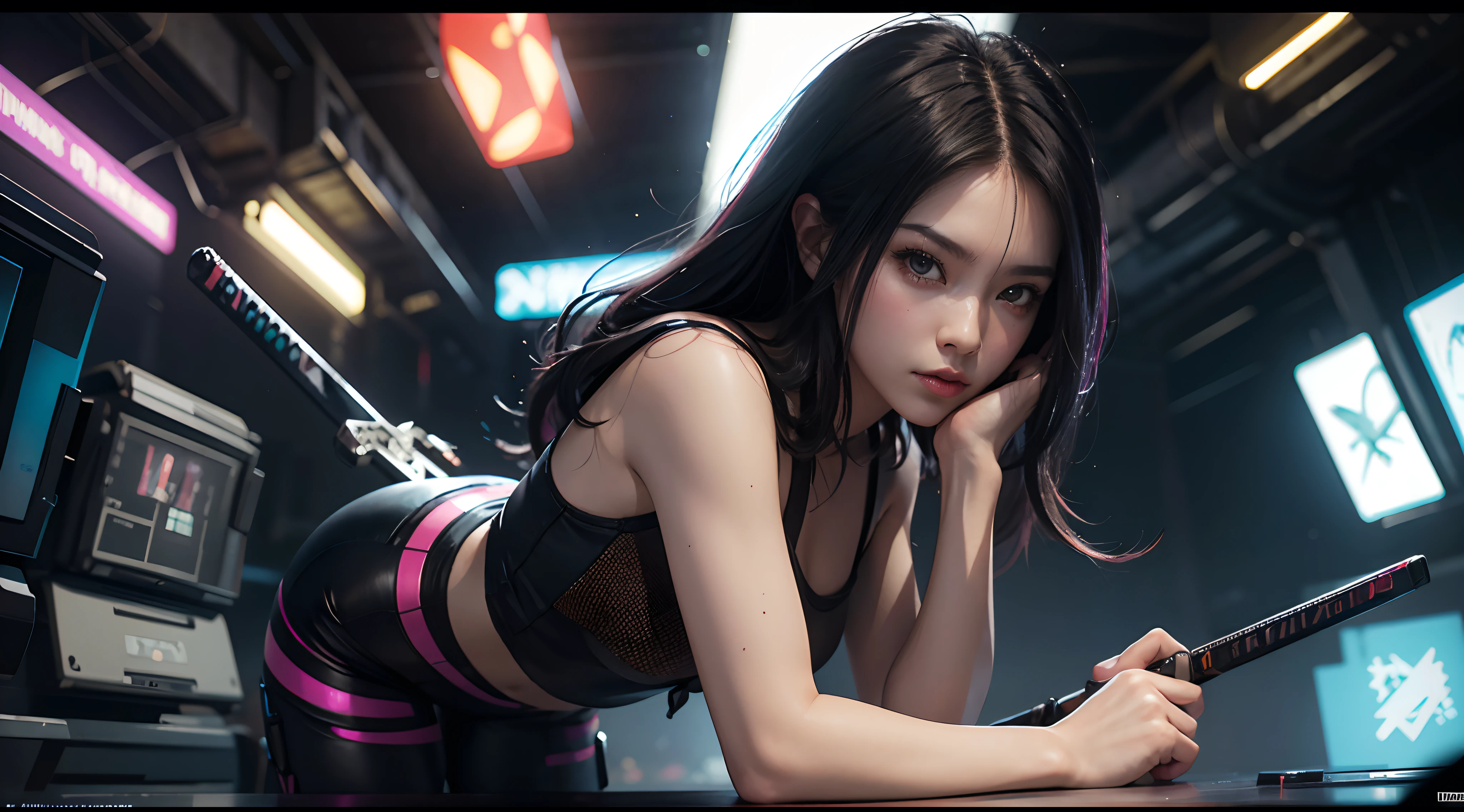 Beautiful hyper-realistic photo of a cute Asian cyberpunk girl, Tragen von Cyberpunk-Tanktop und Oberschenkelhose, Katana halten, bunter neonhintergrund, cluttered Blade Runner background, Dynamische Pose, Konzeptzeichnung, von Brian Froud und Carne Griffiths und Wadim Kashin und John William Waterhouse, Komplizierte Details, 8K-Postproduktion, high resolution, Super detailliert, Auf ArtStation im Trend, Scharfer Fokus, Studio-Fotos, Komplizierte Details, Depth of field, f/2.8, Filmische Ausleuchtung, Dunkle Schatten.