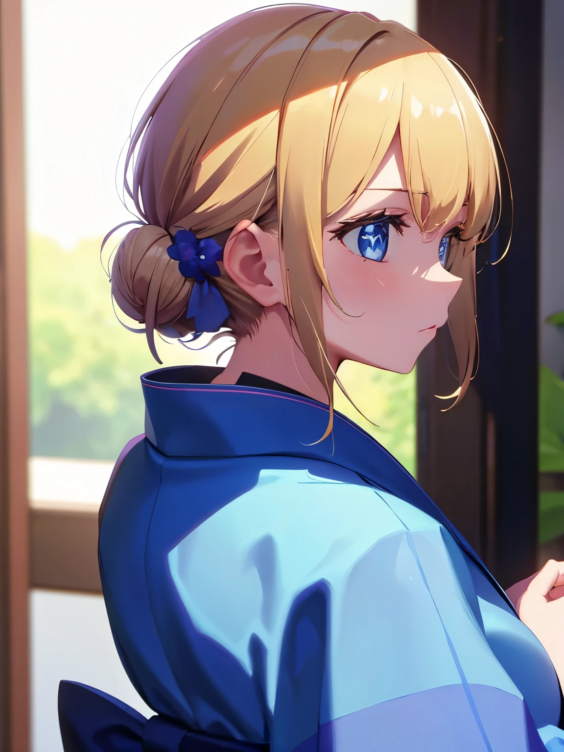 1woman,super beautiful,Facing backwards, camera angle from behind, photo from behind, looking away,half body photo, very detailed face,cute,,HD face, perfect face, blue kimono,short kimono, cleavage visible,Very big breasts,big breast,Blue flowers on the head,Blonde hair,bangs,blue eyes,hair in bun,one bun,Hair in a bun,ultra detail,ultra Hd, masterpiece,4k