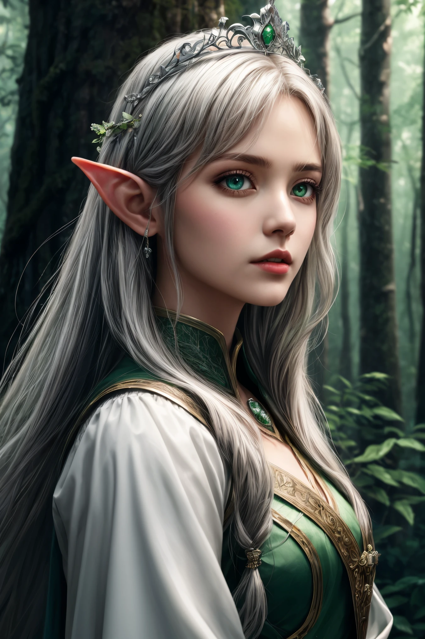 Best Quality, Masterpiece, and its Detailed Ultra HD CG unity Wallpaper, High Resolution, 8k, Elf Portrait, 1 Elf Girl, sing,White Princess Long Hair, Silver Crown, Beautiful Clear Green Eyes, White Beautiful Face, Detailed, Dressed in the costume of an archer,Looking at the Camera, Solo, Quiet Forest, Trees, Depth of Field