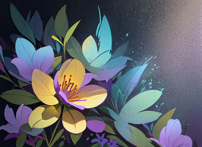 purple and yellow abstract painting of azaleas in bottom left corner of canvas, fade into dark background, thick paint