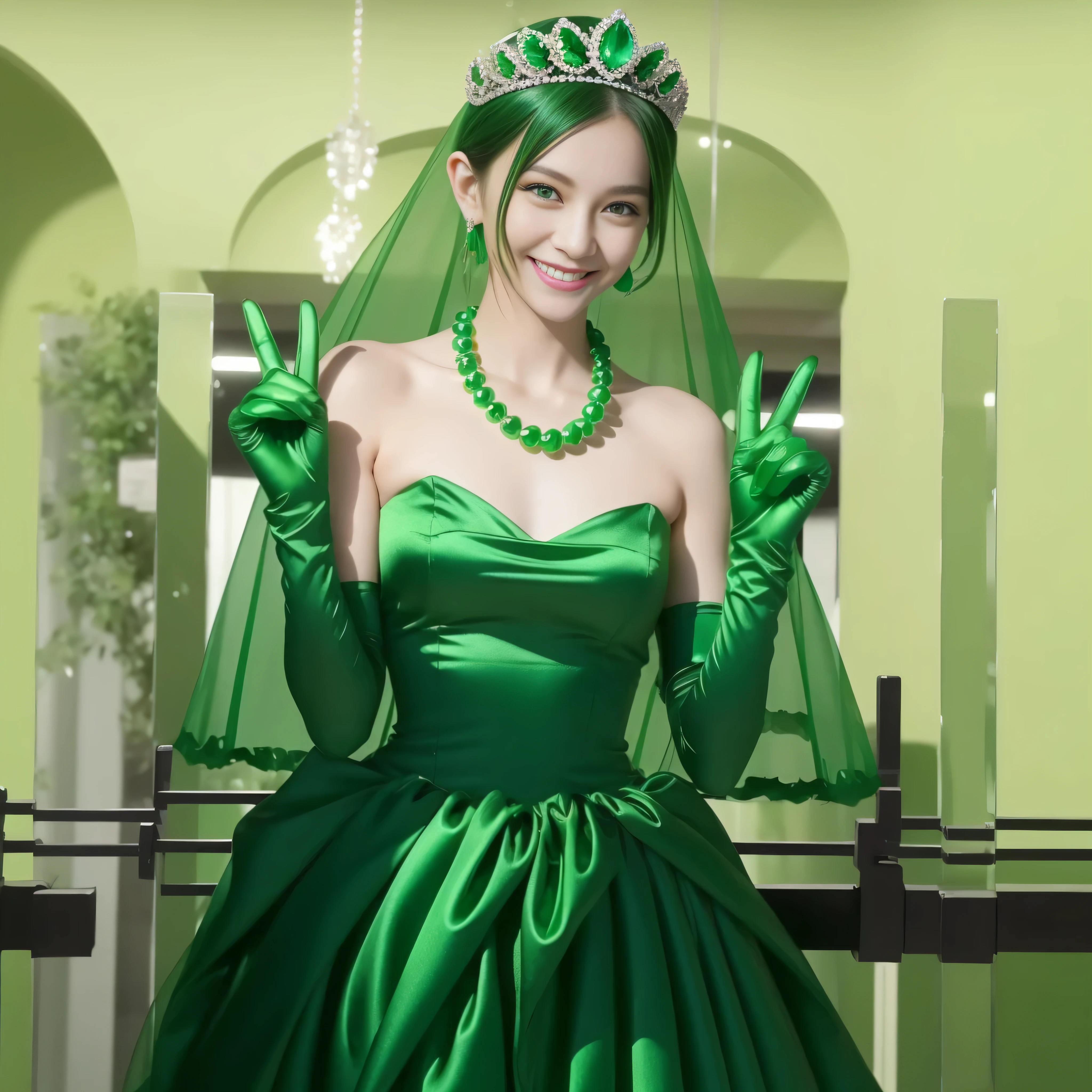 Emerald tiara, Green Pearl Necklace, Boyish very short green hair, lipstick, Smiling Japanese woman, Very short hair, Big and beautiful, Green Eyes, Long green satin gloves, Green Eyes, V sign, Emerald Earrings, Green veil
