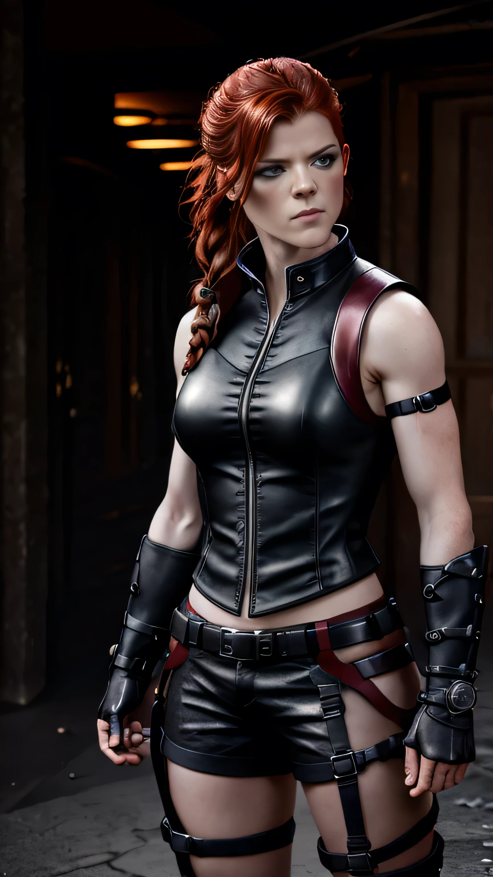 ((Rose Leslie)) as Kira from Mortal Kombat, dark tactical clothing, black sexy short leather waistcoat, crimson leather shorts, black boots, combat gear, belts, weapon holsters, red hair in a punk-like style, braids, facial piercings, (long shot), (full body render), (full body view), fine detail, hyper realistic, HD, 4K, definition, texture, perfect detail, perfect face, beautiful, hyperrealism, trending on artstation