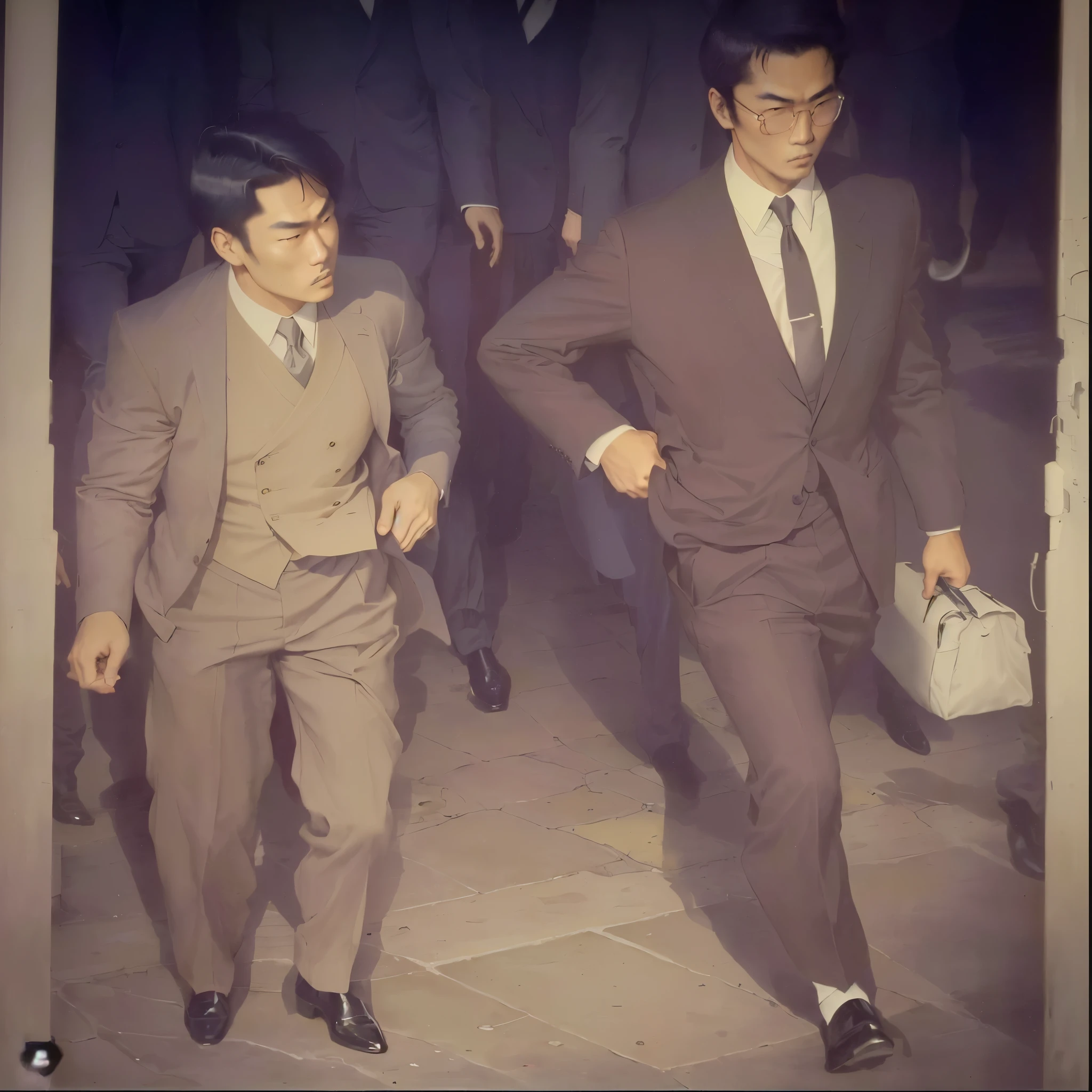 there are two men in suits walking down the street together, with bruce lee, katsuhiro and inio asano, grainy vintage, mc escher and ronny khalil, amano and olivier ledroit, junji ito and horiyoshi iii, noriyoshi ohrai and hans zatzka, armstrong rolf, jeffrey smith and yves klein
