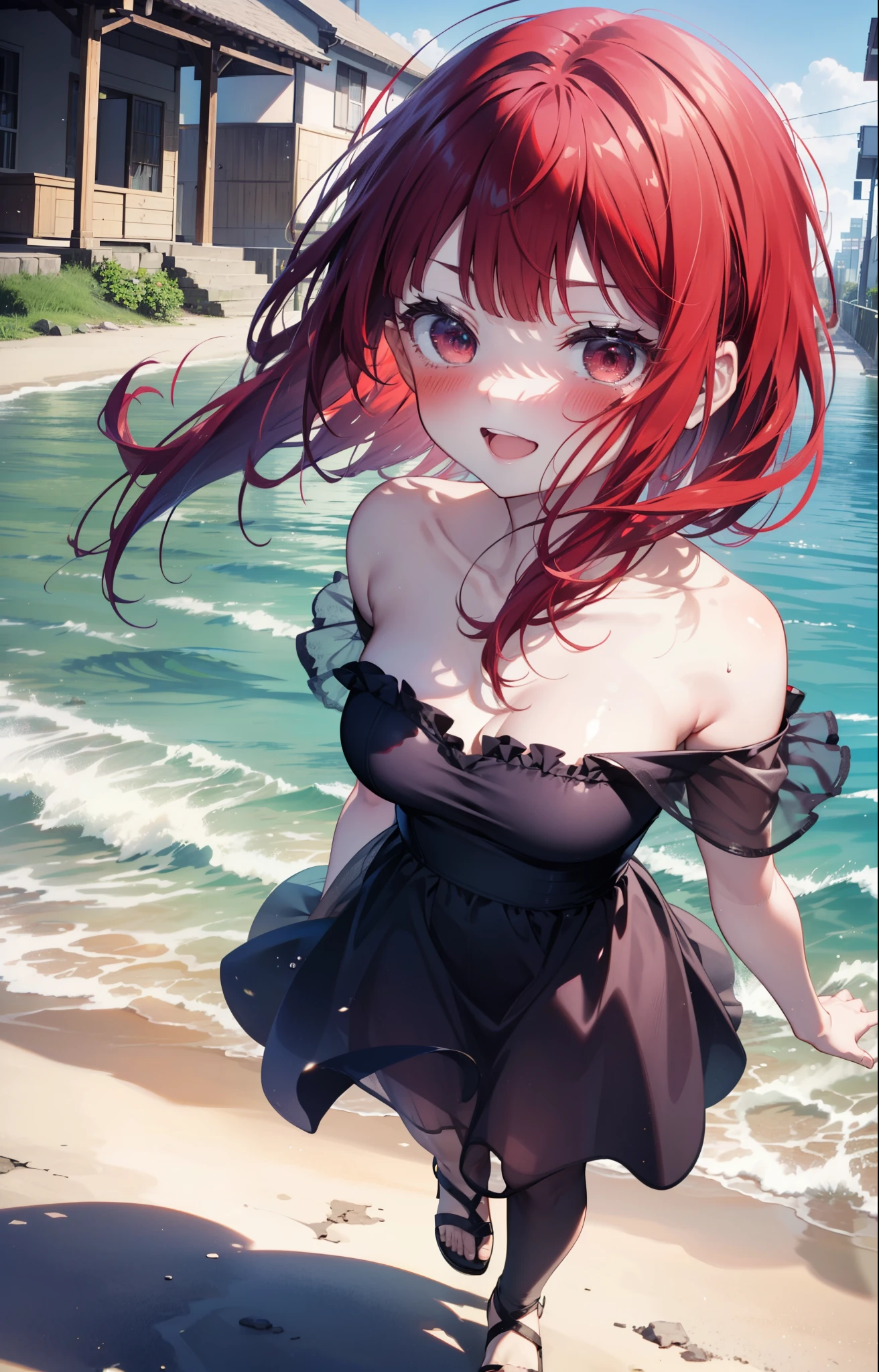 Arima etc., Arima Kana, (Red eyes:1.5), Long Hair,blush,happy smile, smile, Open your mouth,Redhead,Off-the-shoulder dress,Bare shoulders,Bare neck,bare clavicle,Long skirt,Cute sandals top view,whole bodyがイラストに入るように,Daytime,True Summer,Clear skies,Walking,
壊す looking at viewer,whole body,
Destroy outdoors, Building district,Destroy the coastal road (masterpiece:1.2), highest quality, High resolution, unity 8k wallpaper, (shape:0.8), (Beautiful and beautiful eyes:1.6), Highly detailed face, Perfect lighting, Highly detailed CG, (Perfect hands, Perfect Anatomy),