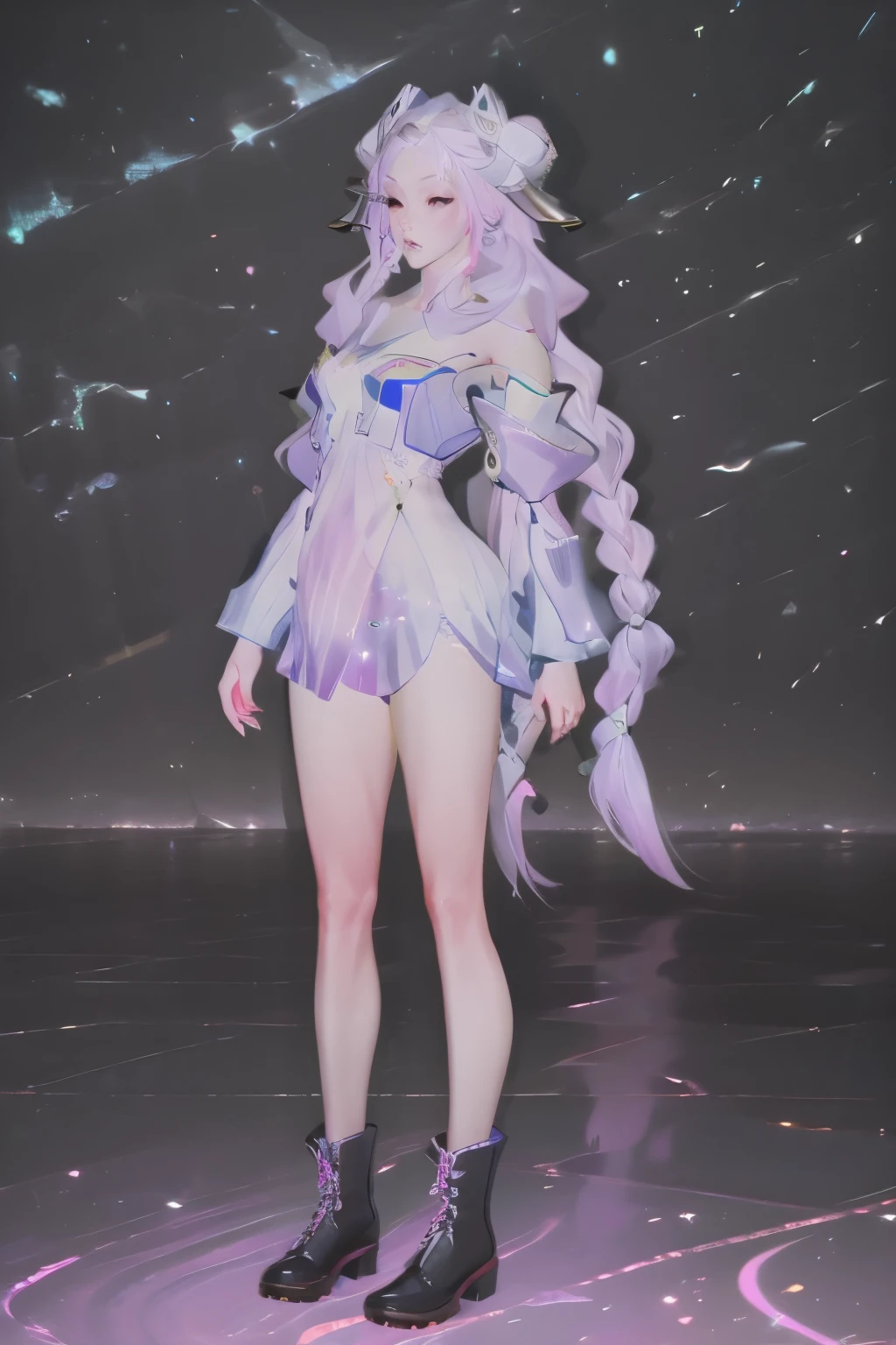 high resolution, best quality, masterpiece, Very high image quality, Extremely detailed, Surrealism, 3D, Japanese cartoons, illustration, fantasy, Hard Rock Girl, very beautiful and cute, Pink wavy hair, Side braids, mini skirt, Knee socks, Engineering boots, Background cyberpunk city galaxy