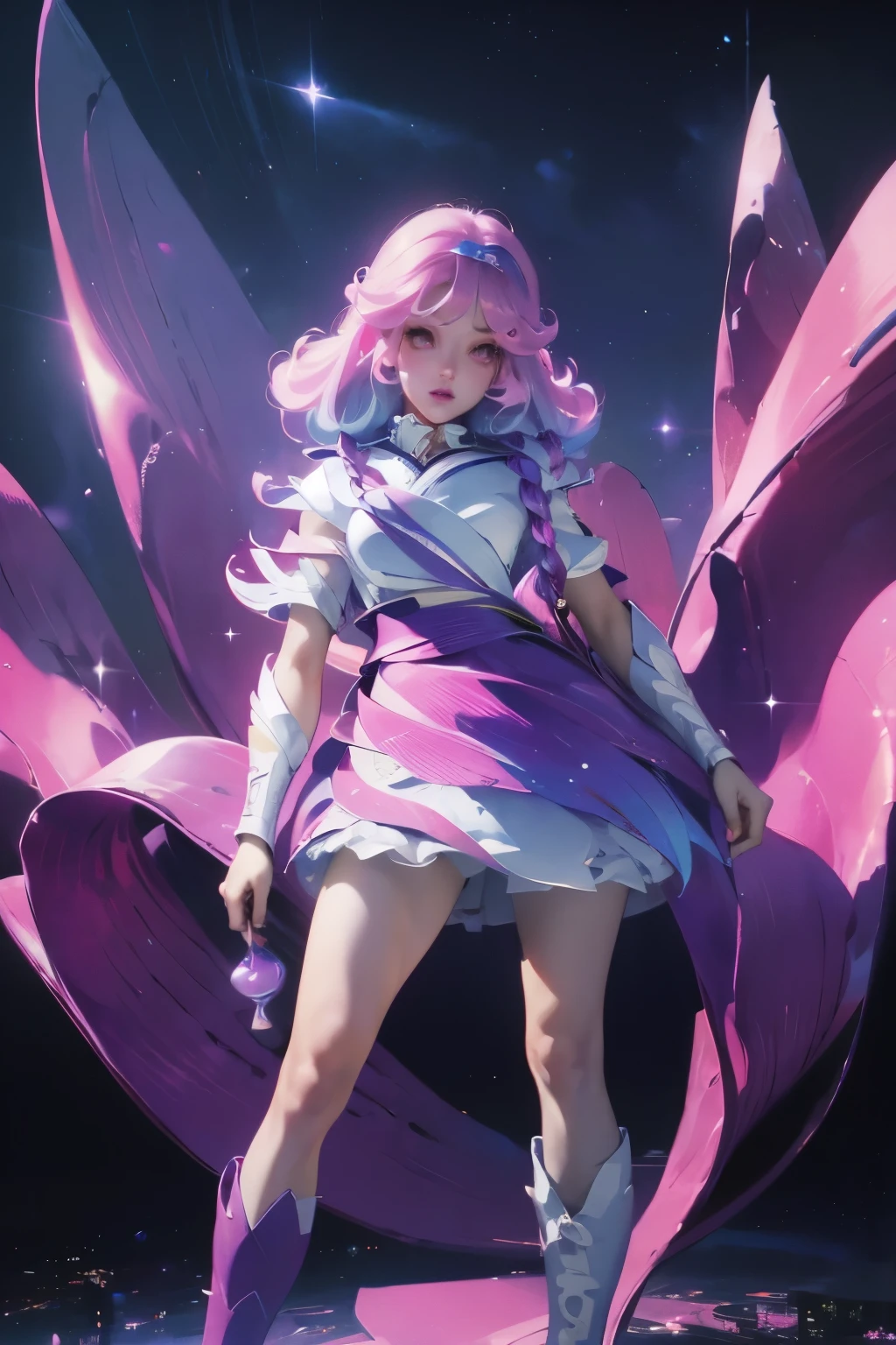 high resolution, best quality, masterpiece, Very high image quality, Extremely detailed, Surrealism, 3D, Japanese cartoons, illustration, fantasy, Hard Rock Girl, very beautiful and cute, Pink wavy hair, Side braids, mini skirt, Knee socks, Engineering boots, Background cyberpunk city galaxy  