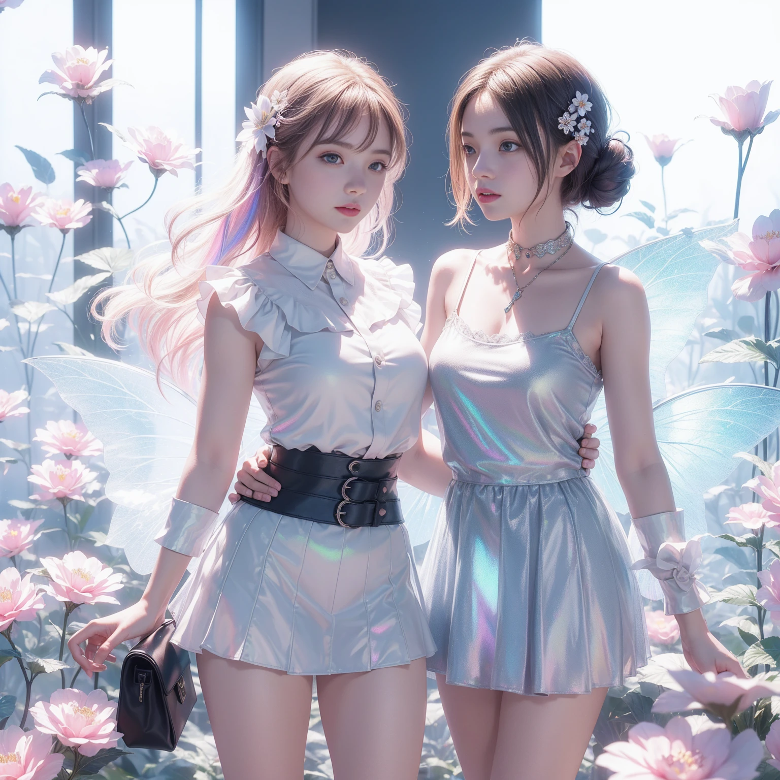 couple up with cryptic girl & explore dimensions, (((twin girl)),mini skirt,Iridescent colors,(Flower Fairy),(Rich colors),spring,Arthur effect, Transparent body, Gradient translucent glass melt, Caustics, Clear glass texture, Iridescent colors, design:Dietrams, Simple, Shining in every detail, White background, industrial design, Studio Lighting, c4d, OC Renderer, Beautiful shadows, 4K
