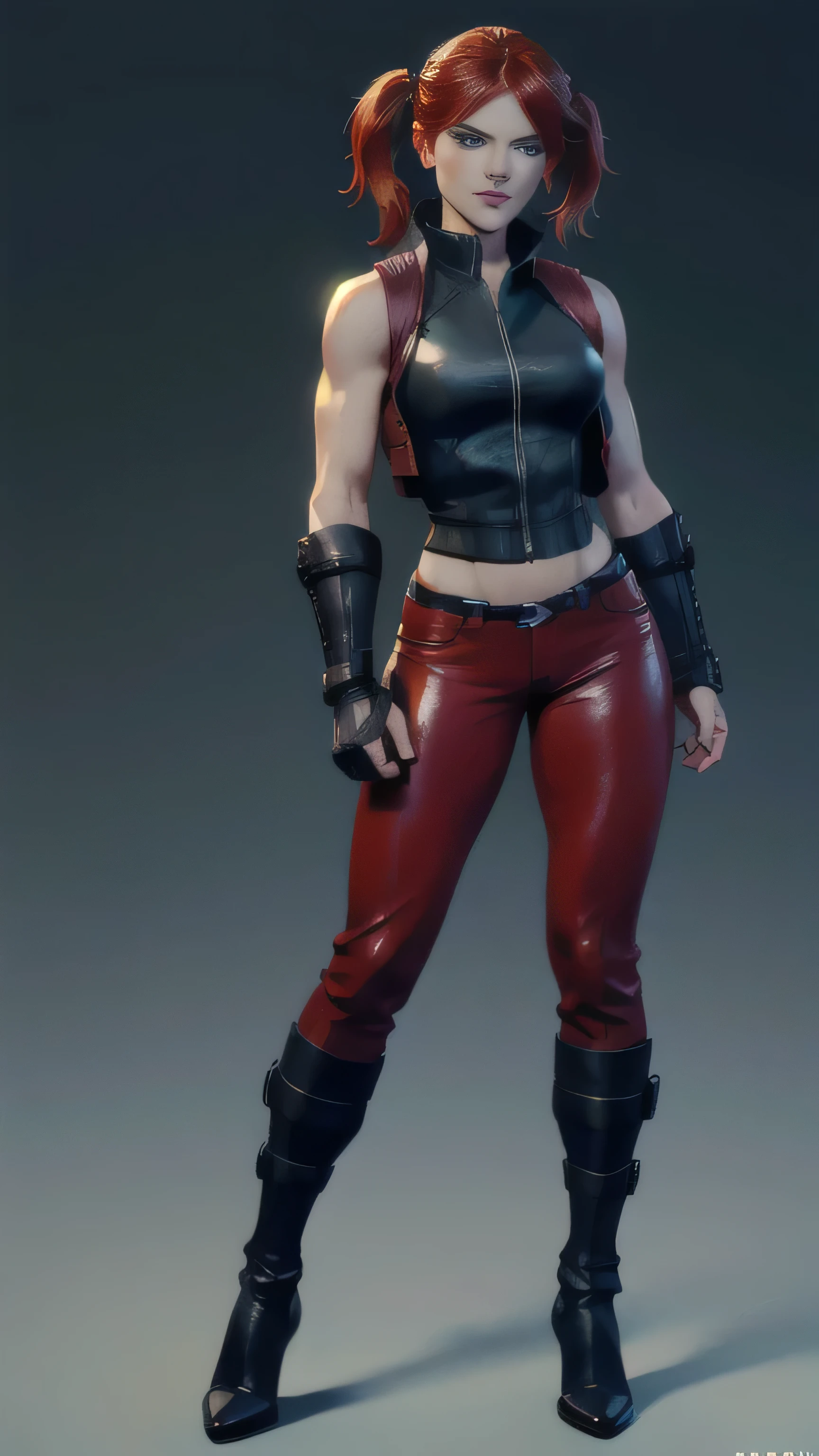 ((Rose Leslie)) as Kira from Mortal Kombat, green eyes, red hair, green eyes, twintail, black vest, cropped jacket, gloves, pants, looking at viewer, serious, smirk, (long shot), (full body render), (full body view), fine detail, hyper realistic, HD, 4K, definition, texture, perfect detail, perfect face, beautiful, hyperrealism, trending on artstation