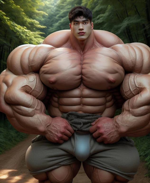 1 asian men, giant, model shoot style, looking at camera, standing up, cool ambience, outdoor, commercial photoshoot, large dirt forest road, strong body, bulk, naked, barefoot, white triangular underwear, prominent bulge trunks, big, brutalmass, giant, muscular body, bulk, massive body, large meaty body size, brown skin