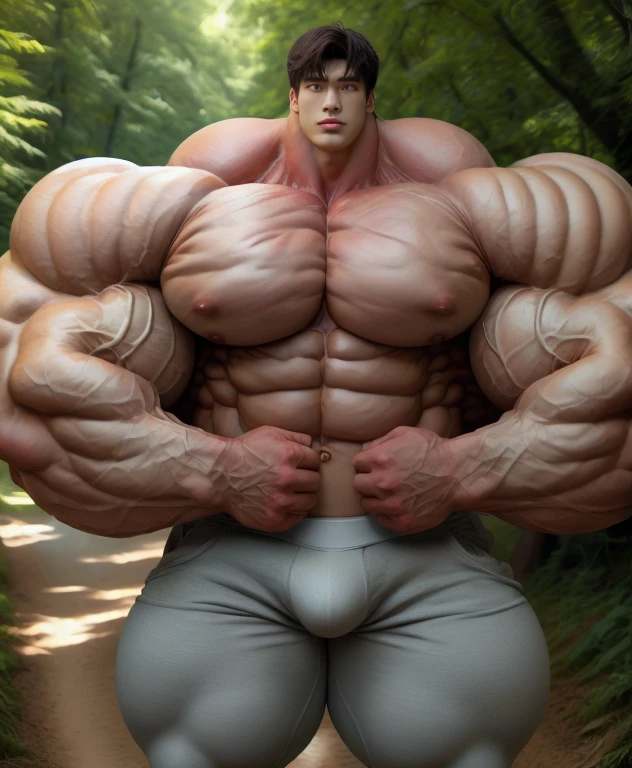 1 asian men, giant, model shoot style, looking at camera, standing up, cool ambience, outdoor, commercial photoshoot, large dirt forest road, strong body, bulk, naked, barefoot, white triangular underwear, prominent bulge trunks, big, brutalmass, giant, muscular body, bulk, massive body, large meaty body size, brown skin