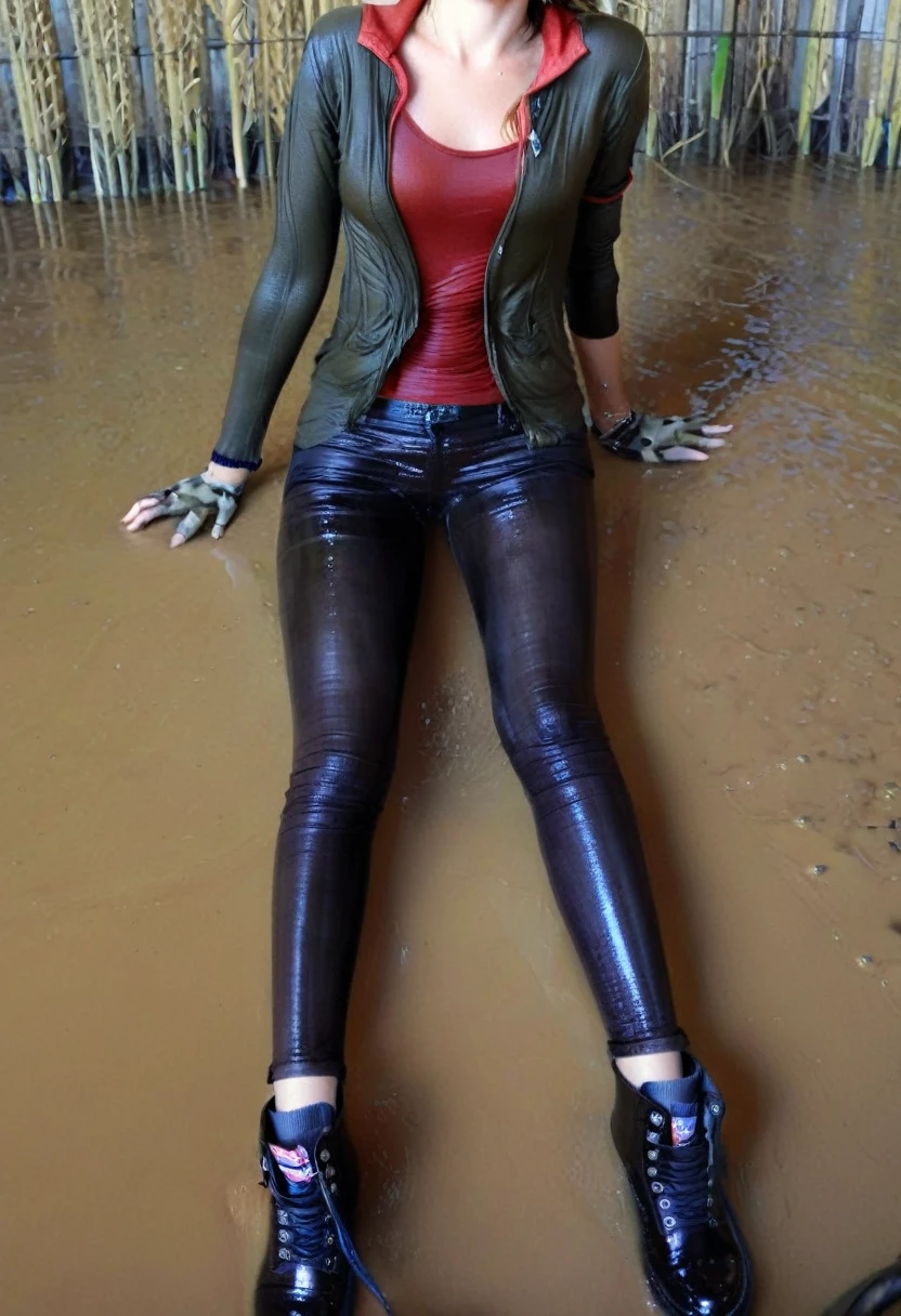 (Slim sexy body girl, long legs), (sitting in wet mud), (open khaki military long sleeves jacket), hiking boots, ( washed-out black dirty long tight jeggings:1.5), (tight red checkered shirt with cleavage), (baseball cap), (leather fingerless gloves). Ultra-realistic. (legs spread wide showing crotch). nipples. Cameltoe. suggestive.