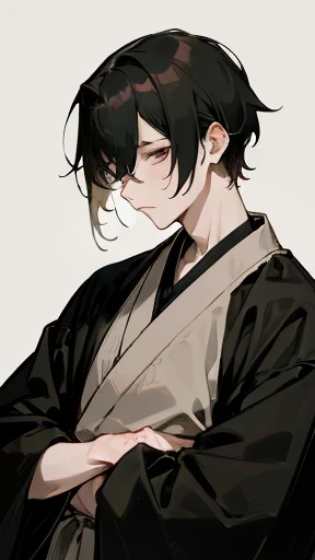 Black kimono from the Taisho period、Mourning clothes、(Pale-faced man)、(Sick man)、Upper Body、Looking at this,Hide your eyes with bangs、On the left side, the bangs are hanging down and hiding the face.