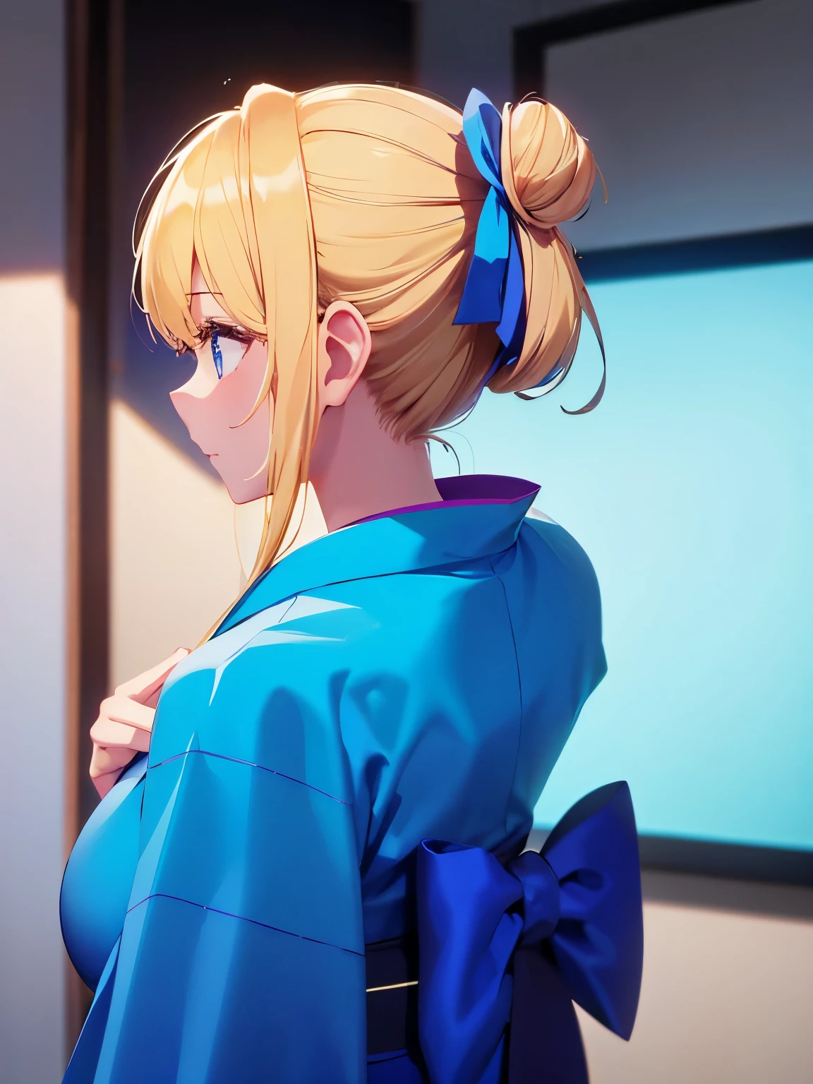 1woman,super beautiful,Facing backwards, camera angle from behind, photo from behind, looking away,half body photo, very detailed face,cute,,HD face, perfect face, blue kimono,short kimono, cleavage visible,Very big breasts,big breast,Blue flowers on the head,Blonde hair,bangs,blue eyes,hair in bun,one bun,Hair in a bun,ultra detail,ultra Hd, masterpiece,4k