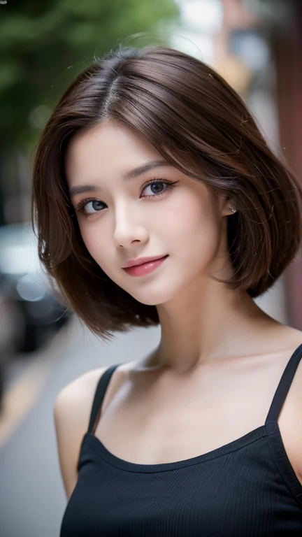((highest quality, 8k, masterpiece :1.3)), whole body, Sharp focus: 1.2, girl,20-year-old,perfect face shape,beautiful face shape,Perfect body beautiful: 1.4, Slim Abs: 1.2, ((Dark brown hair, : 1.2)), Tank top dress: 1.1, (street: 1.1), Highly detailed face and skin texture, Delicate eyes, double eyelid,F Cup
