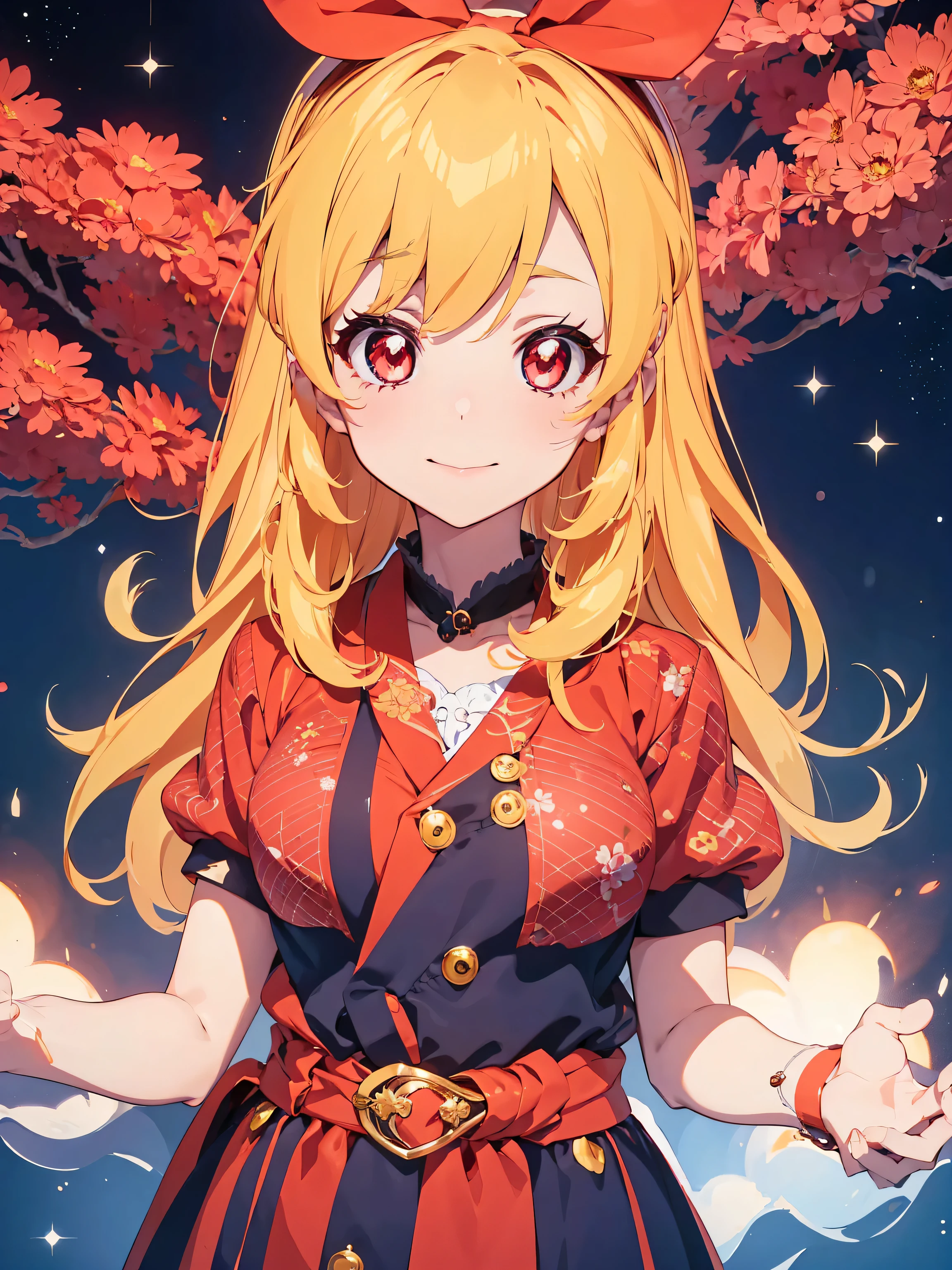 highest quality, Ultra-detailed 8k CG rendering, masterpiece, High resolution, Very detailed,
Samurai girl with voluptuous beauty,upper_body,
Small breasts,
, Blonde Hair, Red eyes,
Gold White Mix Color Samurai Armor,Kimono jacket Red hair bundle,
universe,universe,
Venus,
Bubble Images,
That person will,Hoshimiya Ichigo (aikatsu!)