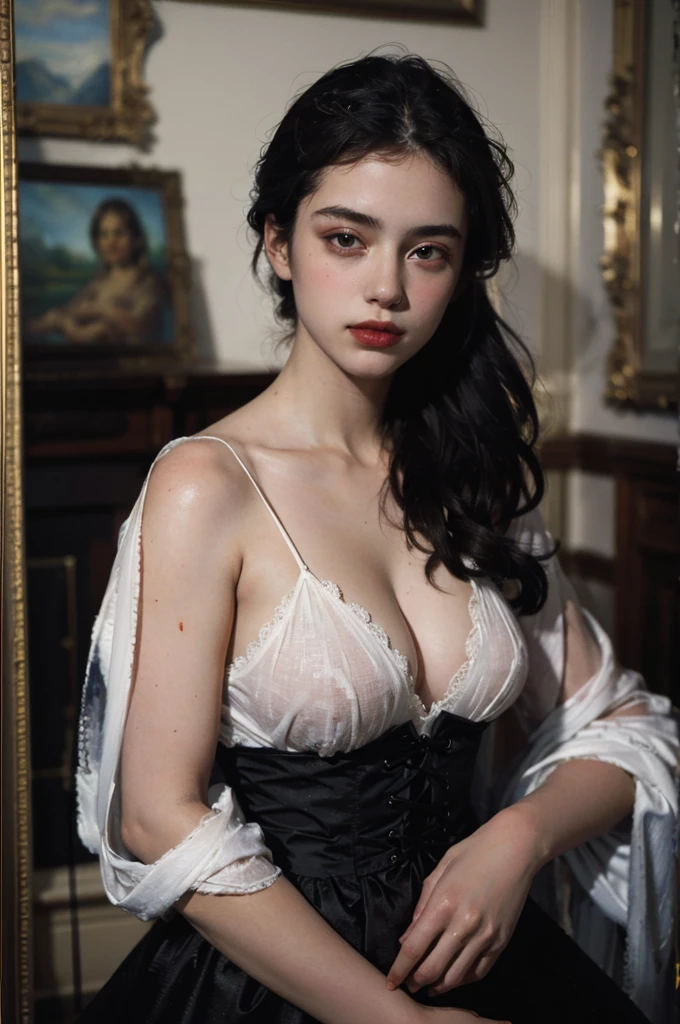 By Egon Schiele style, beautiful nude woman, small tits, stockings, white opened robe, white micro panties, posing for Schiele, braids,