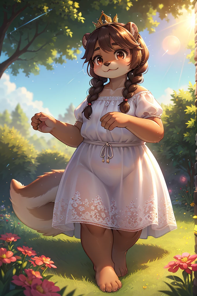 Bokeh , 1 hairy mature otter girl , Short stature , curvy , hige , realistic hairy fur , Round face, swollen cheeks, moist round eyes , (crown braid hair) , (relax see-through summer dress:0.9) , in the grass garden , sunlight , (flare:1.2) , (body line is visible:1.2), (Accurate light transmission calculations:1.5) , model action
