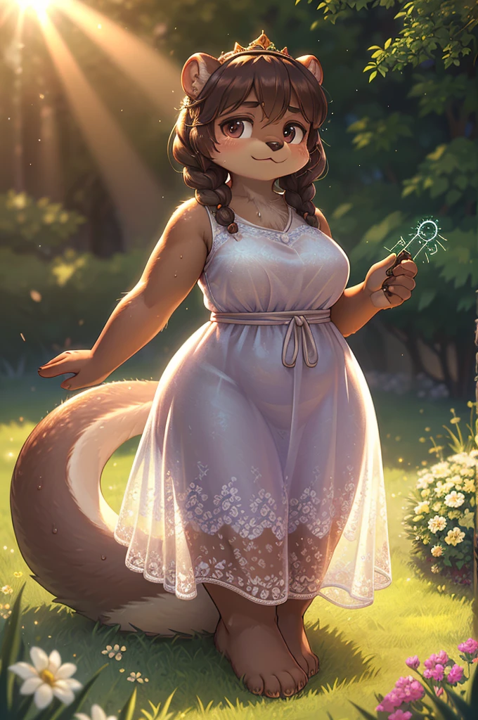 Bokeh , 1 hairy mature otter girl , Short stature , curvy , hige , realistic hairy fur , Round face, swollen cheeks, moist round eyes , (crown braid hair) , (relax see-through summer dress:0.9) , in the grass garden , sunlight , (flare:1.2) , (body line is visible:1.2), (Accurate light transmission calculations:1.5) , model action