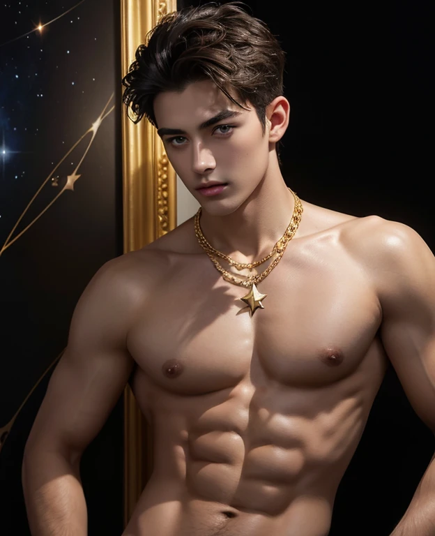 Half body photorealistic handsome Attractive guy , the boy has very short brown hair, emerald eyes, on a black background - galaxy , stars . The Magic Look ! torso, large puffyples, ain with sapphire around the neck. top quality portrait photo !
