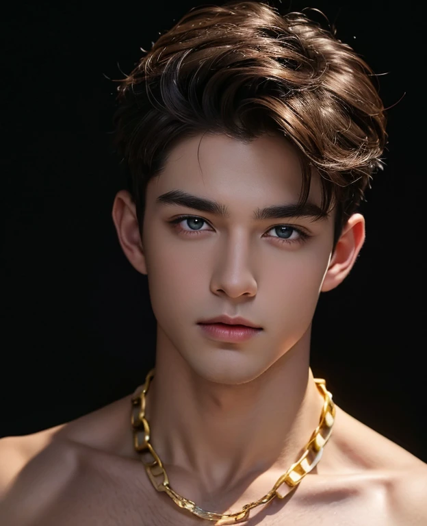 Half body photorealistic handsome Attractive guy , the boy has very short brown hair, emerald eyes, on a black background - galaxy , stars . The Magic Look ! naked torso, large puffy nipples, gold chain with sapphire around the neck.  top quality portrait photo !