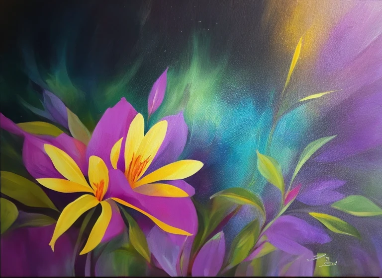 purple and yellow abstract painting of azaleas in bottom left corner of canvas, fade into dark background, paint