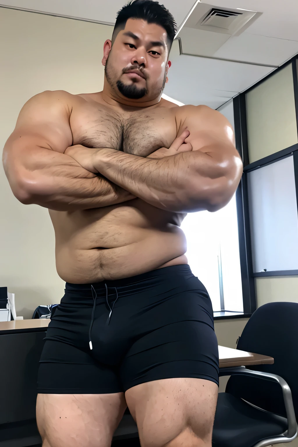 A large Japanese man wearing a suit、whole body、office、Thick legs、Thick arm muscles、Intimidating、Short Hair