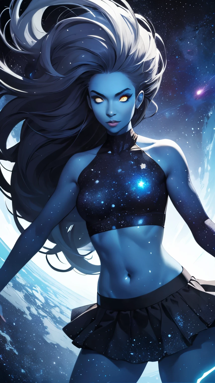 (Highly quality, masterpiece, detailed), Deep Space detailed scenario, Deep space detailed background, 20 years old girl, solo, singularity, dark blue skin, celestial skin, Colored Skin, glowing blue, glowing eyes, bare shoulders, long hair, Star on the girls body, black top, crop top, black skirt, glowing star on the navel, monster girl, Abdomen, Navel, beautiful eyes, perfect eyes, looking at the viewer, Sexy pose