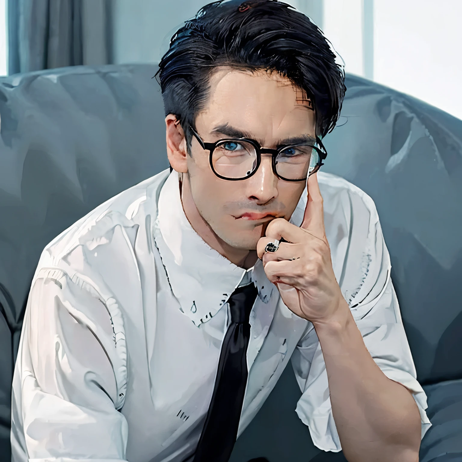 single young man in white short-sleeve shirt with black necktie wearing glasses looks sad, detailed eyes, sitting on the sofa, middle finger with turqouise ring, in the white room, full body photo,