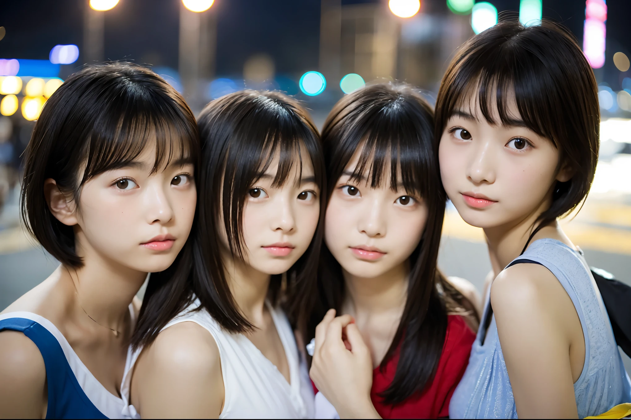 Very detailed　Amazingly high quality　Very high quality　Surreal　photograph　Three Japanese Girls　Each girl has a different hairstyle randomly　　Fair skin　　((Half-open lips:1.3))　Beautiful and soft skin　((Beautifully styled straight short hair))  Beautiful and perfect body　Surprisingly very cute　Beautiful young man with clear skin々New Skins　16 years oldool girl wearing a thin camisole) Big Breasts　whole body　Everyday City　Bustling city　　((night))　audience&#39;perspective　　Front view　　(Big Breasts:1.3)   (Cleavage)　(Amazingly cute girl:1.3)　　(whole bodyポートレート)　