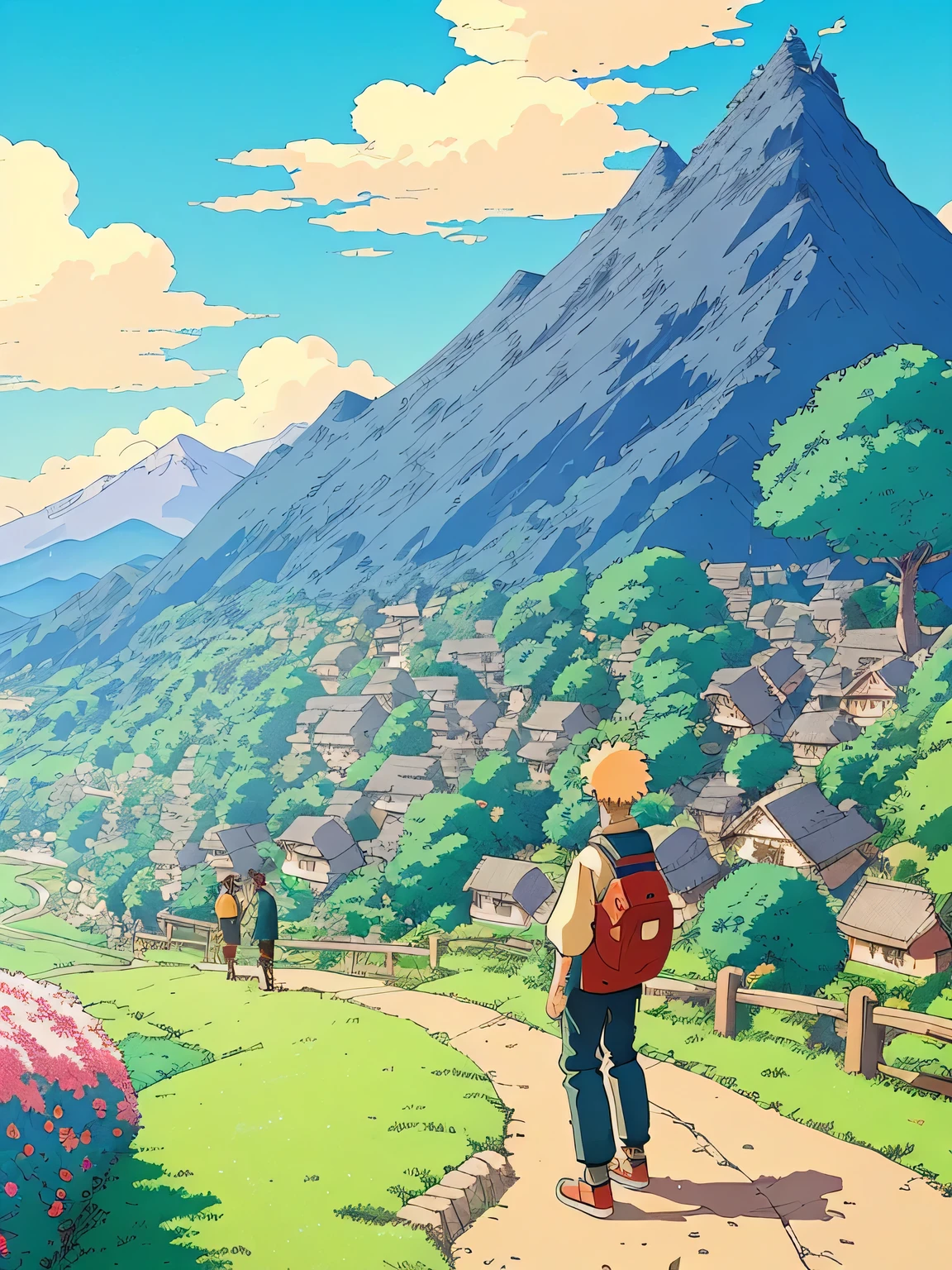 anime, studio ghibli theme, beautiful village, on the hill, style of laurie greasley, studio ghibli, akira toriyama, james gilleard, 1boy standing back of picture, trending pixiv fanbox, acrylic palette knife, 4k, vibrant colors, devinart, trending on artstation