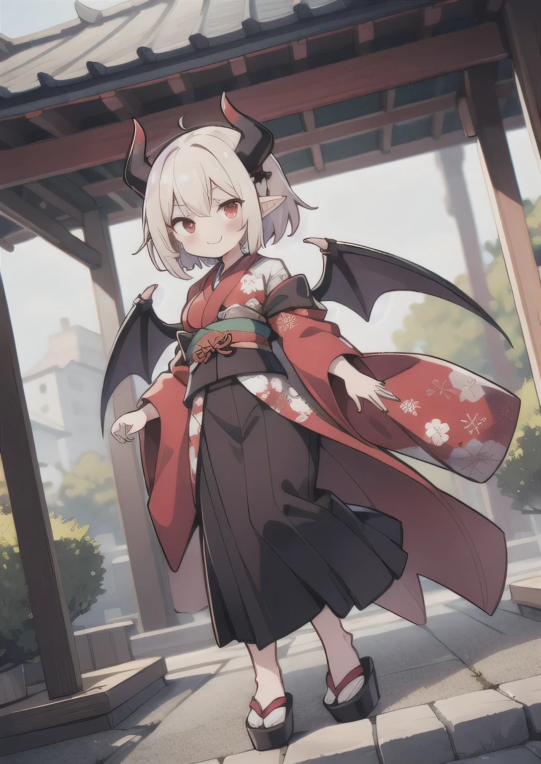 8K, 1girl, petit, adult. kawaii vampire, crimson hair, short hair, red eyes, fang, bat wings, smile, (blush), (shy), pointed ears, looking at viewer, dynamic angle, wind, game cg, fantastic scenery, devil tail, demon tail, thin tail, black horns, medium breast, show full body, shrine, yokai, yokai pet, monster, latex outfit, latex, sexy, horny, shiny, kimono