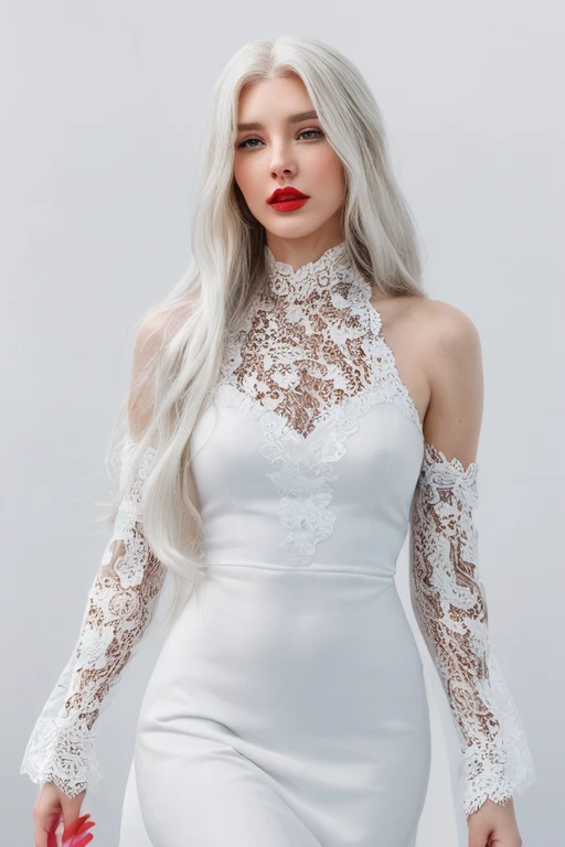 A stunningly beautiful (((woman))), with long, flowing (((white hair))), flawless (((porcelain skin))), and striking (((red lips))), dressed in a (((white, flowing lace dress))), blending in against a (completely pure, (((white backdrop))))