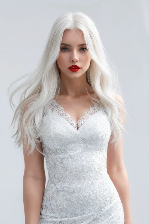 A stunningly beautiful (((woman))), with long, flowing (((white hair))), flawless (((porcelain skin))), and striking (((red lips))), dressed in a (((white, flowing lace dress))), blending in against a (completely pure, (((white backdrop))))