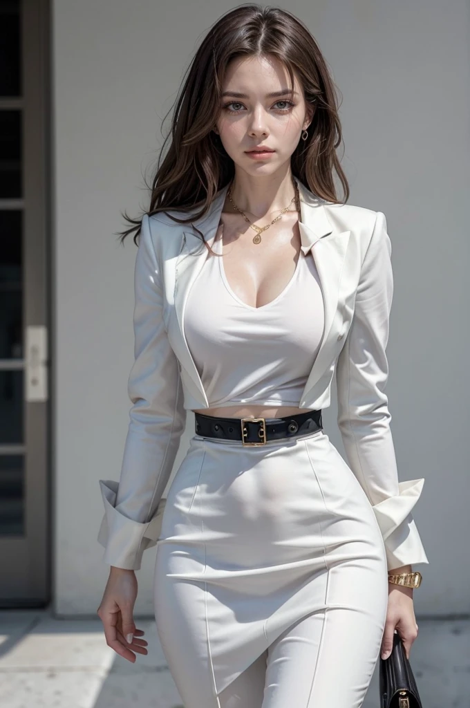 makeup, mascara, simple color palettes, woman 25 years old, stylish, Clean, chic stylish business woman, deep v, sharp designs, flowing silhouettes, Tight skirts and pants, high-waisted skirts and pants, simple dresses, shirts and blouses, asymmetrical, geometric, Elegant and luxurious materials and designs, Simple, minimal accessories, [[chic modern short cape]], Slim necklaces and rings in silver or gold, Simple bangles, Distinctive designs, simple silhouettes, blazer, chic and mature impression, simple and sophisticated style, elegance, minimalism, high quality materials, cool and urban impression, high fashion, , simplicity and sophistication, plain white dress, chic white dress, busty, [Victoria Beckham], [[Kate Beckinsale]]
